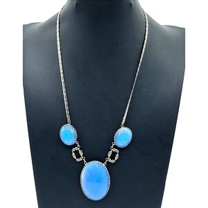 Art Deco Glass Necklace Blue Lindy Star Silver Tone Vintage Antique Jewelry